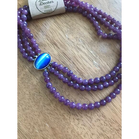 Vintage Purple Jade Gemstone Multistrand Necklace Blue Cateye Moonstone Clasp - Picture 4 of 5